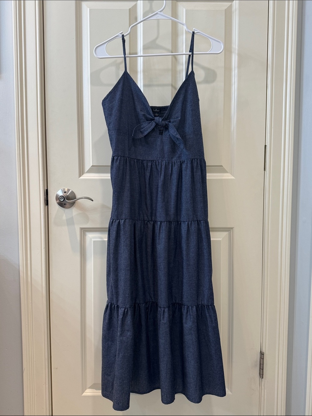 Lulu's Navy Blue Tiered Midi Dress with Front Tie
